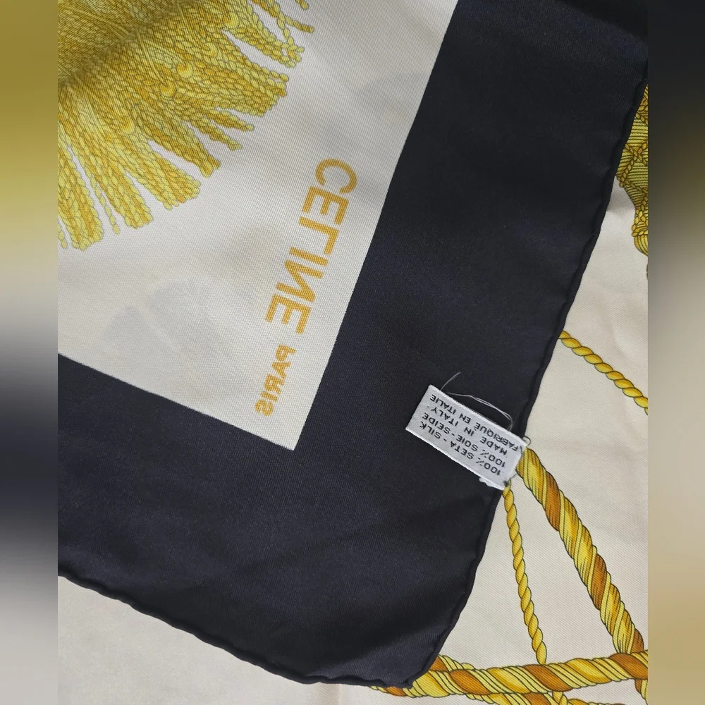 Celine Silk Scarf with Gold and Black Tassel Design